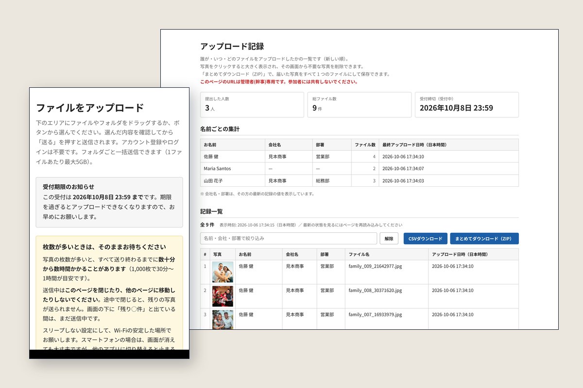 写真の受付ページ（スマートフォン）と、担当者さま専用の管理者ページの実際の画面
