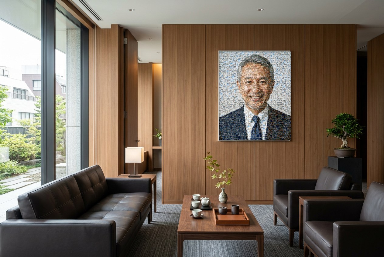 退任される方の肖像を社員の写真で描いたモザイクアートを、額装して応接室に飾った様子