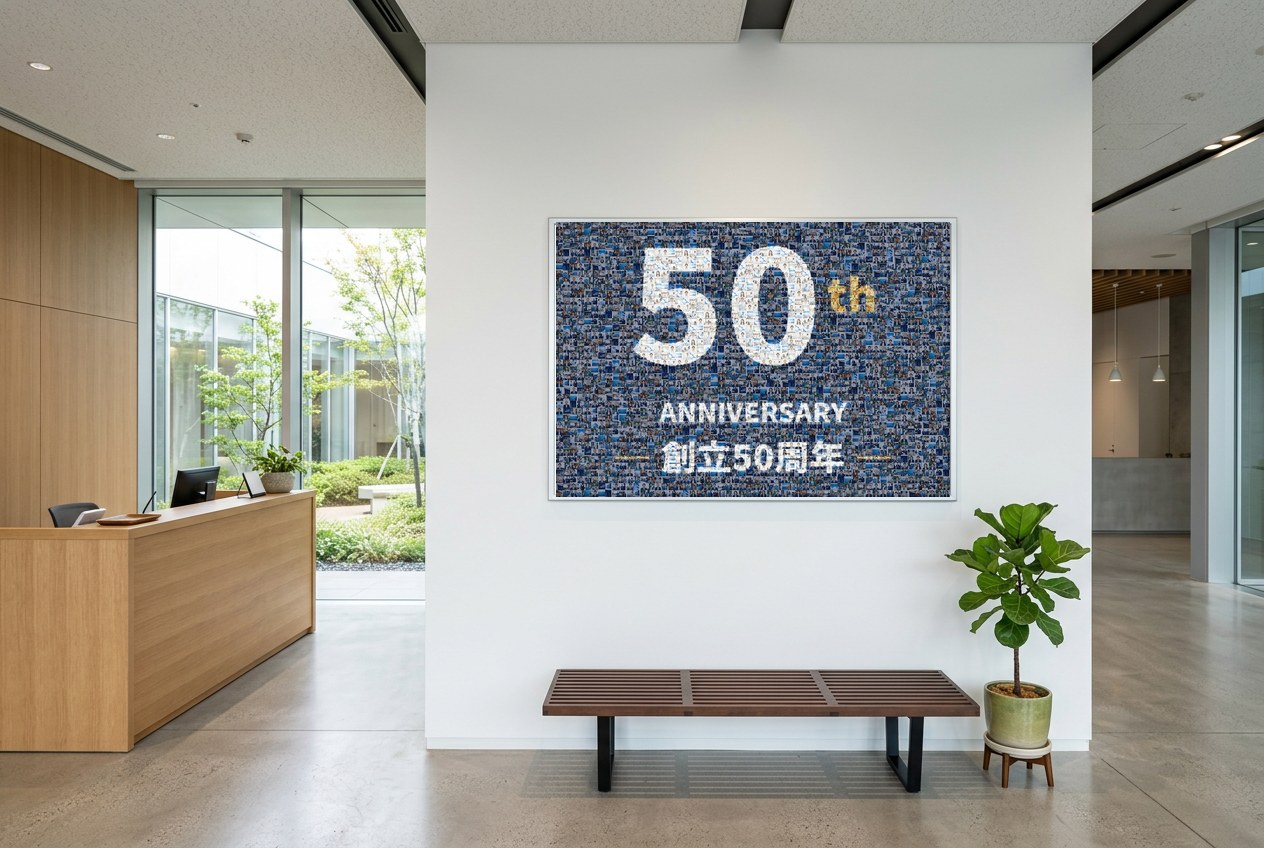 創立50周年のロゴを社員の写真で描いたモザイクアートを、額装してエントランスに飾った様子