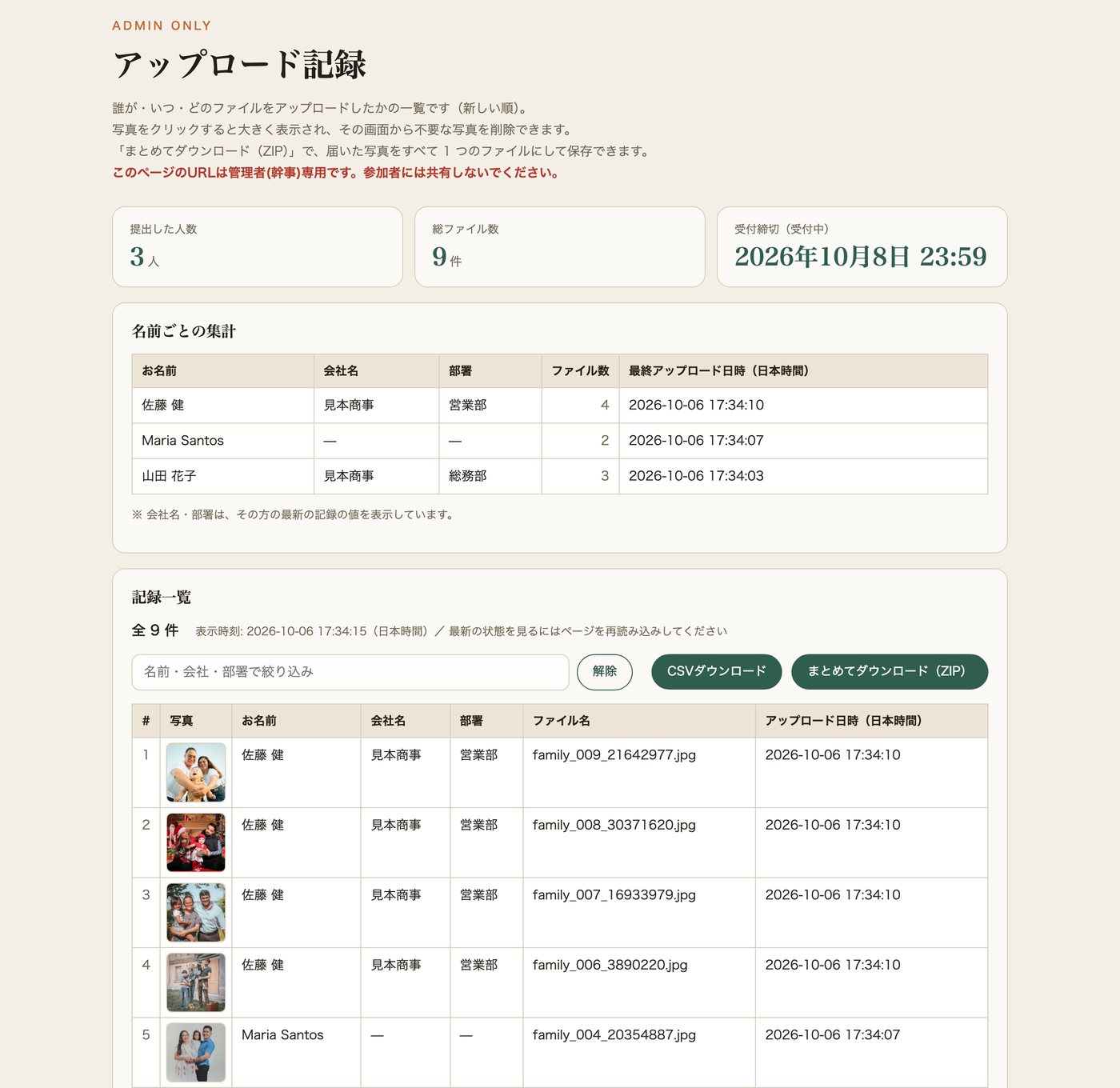 管理者ページ。提出した人数・ファイル数・受付締切と、名前ごとの集計、写真つきの記録一覧が並ぶ画面